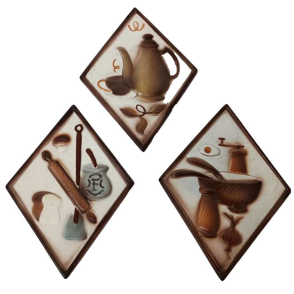 VTG Lefton Ceramic Diamond Kitchen Wall Plaque Set Raised Hanging Wall Decor MCM